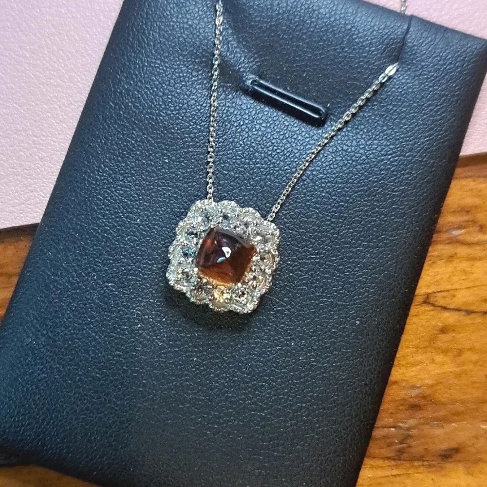 Cherry Citrine & Natural White Zircon Halo Pendant Necklace